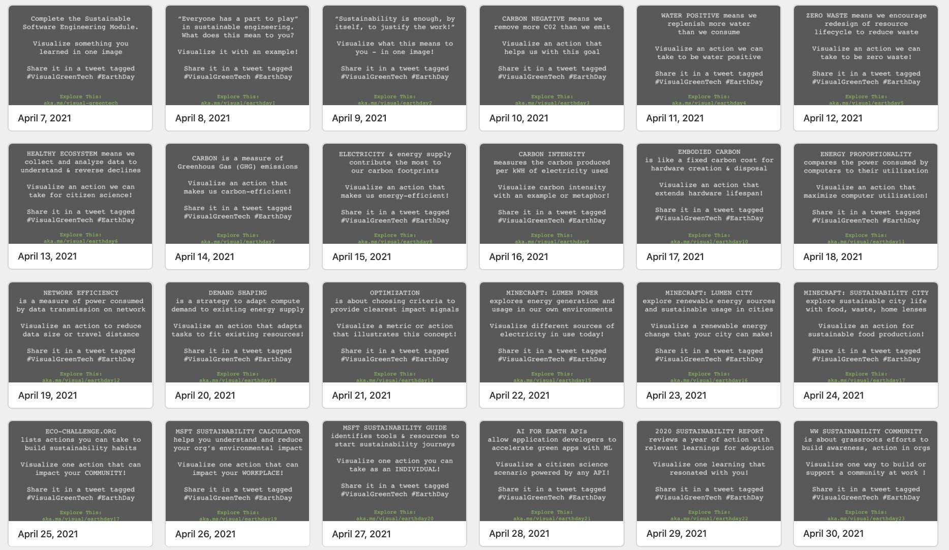 Grid showing the 24 prompts share for the #VisualGreenTech challenge